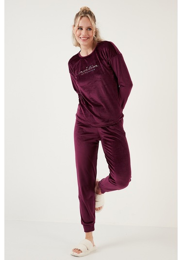 Lela Regular Fit Yumuşak Dokulu Kadife Bayan Pijama Takımı 6094200W4 Mor
