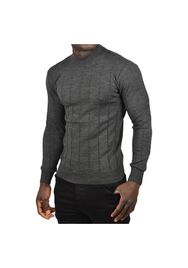 Deepsea Erkek Antrasit Slim Fit Likralı Tüylenme Yapmayan Yarım Balıkçı Çizgili Triko Yarım Boğazlı Kazak 2505503 Antrasit