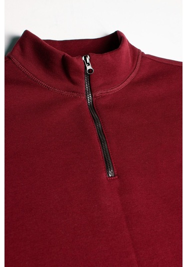 Erkek Bordo Yarım Fermuarlı Basic Düz Sweatshirt Bordo