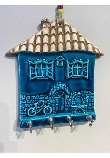 El Yapımı Nazar Boncuğu, Duvar Dekorasyon Ürünü, Seramik, El İşçiliği, Turkuaz Renkte Ev Desenli Anahtarlık -