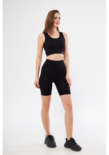 Lesa Wear Fitilli Yüksek Bel Likralı Toparlayıcı Kısa Şort Tayt Siyah