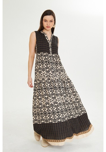 Etnik Desen Bohem Tam Boy Kolsuz Elbise Bej Acı Kahverengi