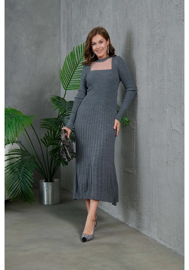 Kadın Bisiklet Yaka Tül Detay Maksi Boy Fitilli Triko Elbise Taş