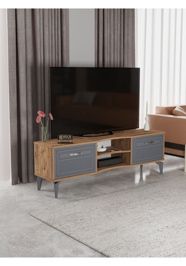 Tv Sehpası Tv Ünitesi Vera Atlantik Çam Antrasit Çizgili 5051 Kahverengi