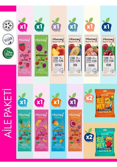 Mixmey Aile Paketi – 14 Adet | Meyve Bar Jelimey Ile Sağlıklı Atıştırmalıklar Vegan, Glutensiz (14 ADET)