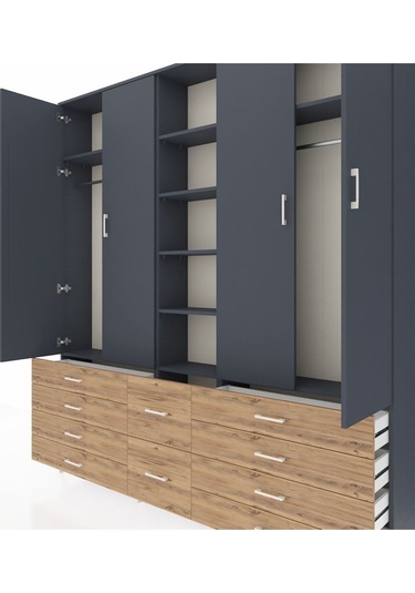 Arges Dolap 9 Raflı 10 Çekmeceli 2 Askılı 220x30x243 Antrasit-antrasit/çam Antrasıt/atlas Çam