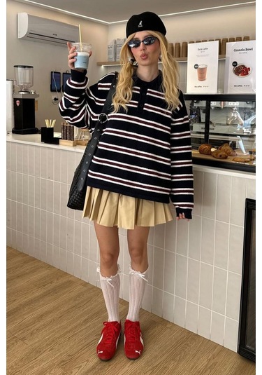 Siyah Polo Yaka Çizgili Kadın Triko Kazak Mg2469 Siyah