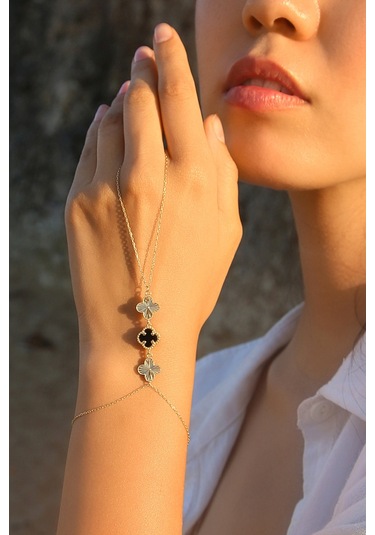 14k Altın Kaplamalı 925 Ayar Gümüş Granada Saray Yoncaları Şahmeran - Siyah Oniks 45104102 Altın