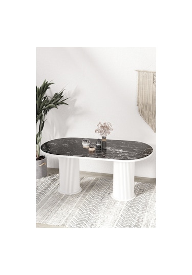 Avvio Kiev Ptt Lake Mdf Beyaz Ayakli 80x160 Mutfak Masasi Yemek Masasi Siyah Mermer