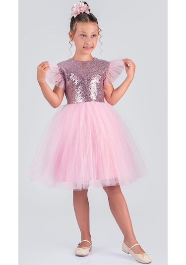 Tüllü Kız Çocuk Kpl Elbise Mnk0526 Koyu Pembe