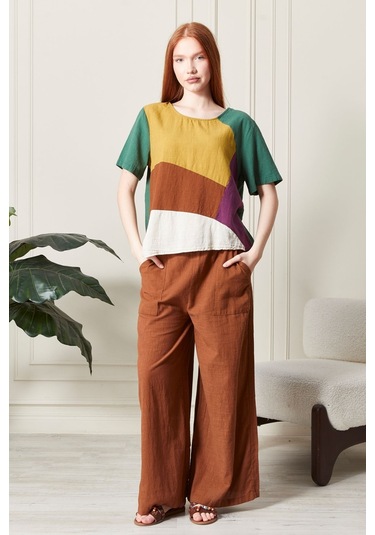 Keten Gökkuşağı Asimetrik Kesim Bluz Renkli Ve Şık Tasarım Turkuaz