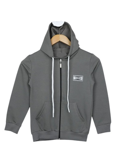 Erkek Çocuk Young Yazı Sırtı Desen Fermuarlı Kapüşonlu Gri Hırka