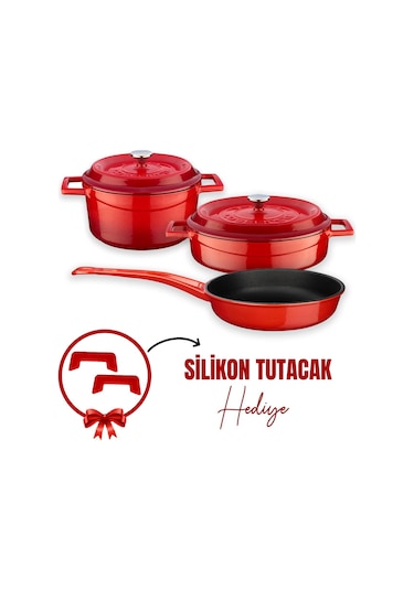 Lava Döküm 3x Trendy Serisi 6 Parça Tencere & Tava Seti Kırmızı