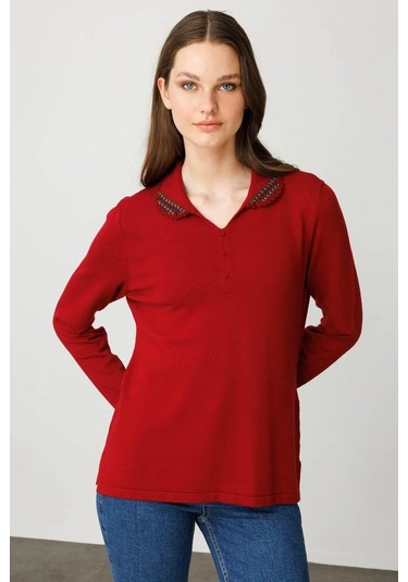 Desen Triko Polo Yaka Likralı Kadın Bluz 25091 Kırmızı