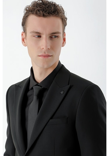 Morven Erkek Basic Düz Slim Fit Takım Elbise Gömlek + Kravat -  Siyah