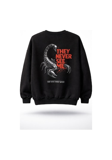 Dark Line Sırt Baskılı %100 Pamuk Siyah Oversize Sweatshirt Scorpion Siyah