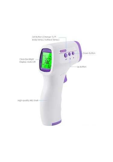Youmex Mor Dışarıdan Dokunmayan Entegre Vücut Ve Nesne Isı Ölçer - Kulak/alın Sıcaklığı, 3 Renkli Arka Işık, 32 Grup Hafıza, C/ F Dönüştürücü Pil Yok