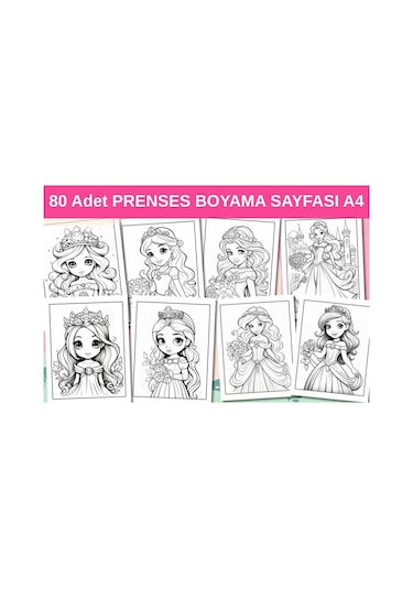 80 Adet Prenses Boyama Sayfası A4 Boyut, Kaliteli Basım,