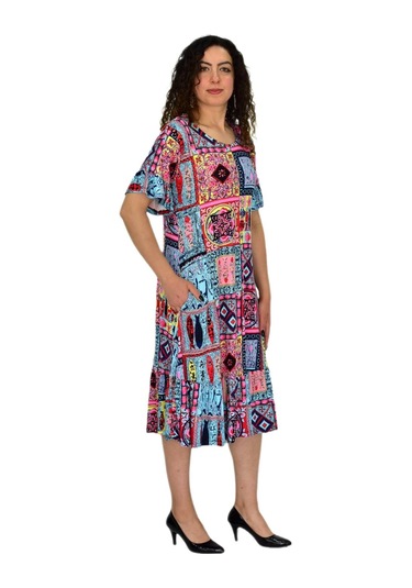 Kadın Kısa Kol Etek Valonlu Likralı Viskon Elbise Bgl-st04672 Mavi