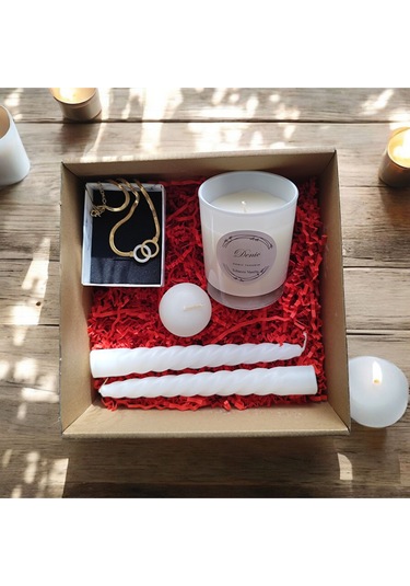 Denic Hediye Seti Kokulu Beyaz Bardak Mum Halka Kolye Burgulu Mum Yüzen Mum