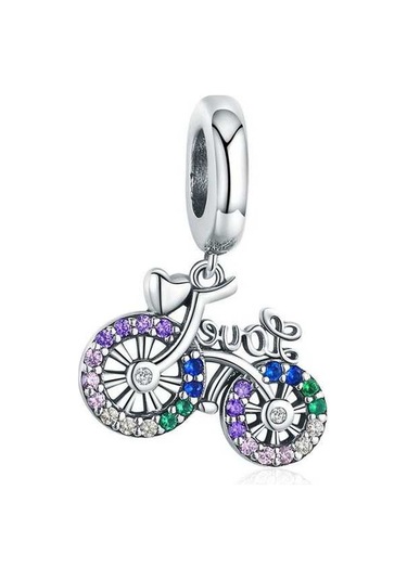 Fastbuy S925 Ayar Gümüş Bisiklet Kolye, Renkli Zirkon Boncuklu, Dıy Charm Bilezik, Çok Renkli Kolye Aksesuar Çok Renkli