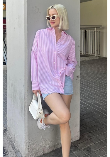 Madmext Pembe Çizgili Over Fit Gömlek Mg1525 Pembe