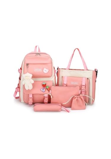 Aromee 5 Parça Set Kadın Laptop Sırt Çantası Tuval Okul Çantaları - Turuncu