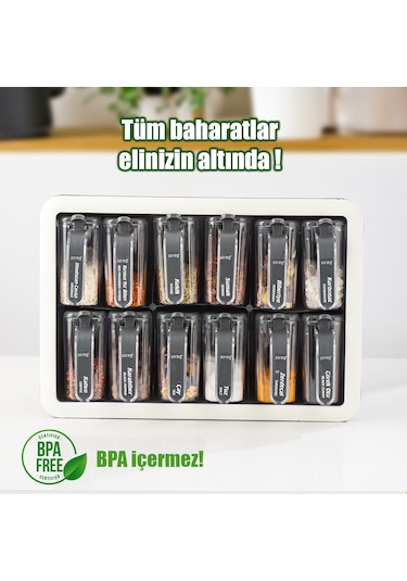 Porsima 1118 12li Standlı Kaşıklı Kapaklı Baharatlık Seti Antrasi Antrasit - Beyaz