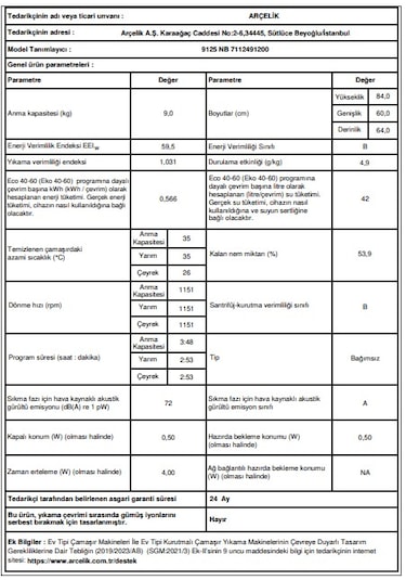 Arçelik 9125 NB 1200 Devir 9 KG Çamaşır Makinesi
