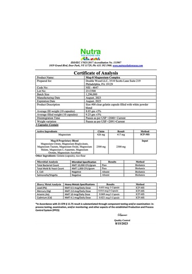 Double Wood Magnesium Mag-8 Complex 180 Capsules 436mg Eleme...