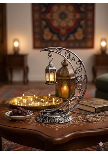 Dekoratif 28 Cm Hilal Eskitme Gümüş Ramazan Led Lamba 10 Cm Kancalı Set Diğer