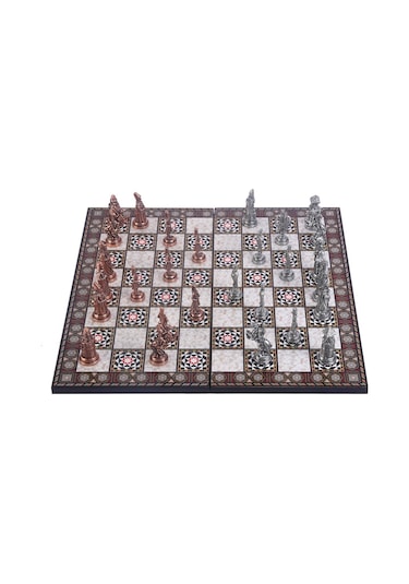 Büyük Boy Metal Osmanlı Bizans Satranç Takımı Antik Ve Katlanır Sedef Desenli Mdf Ahşap Satranç Tahta 43x43 Cm.