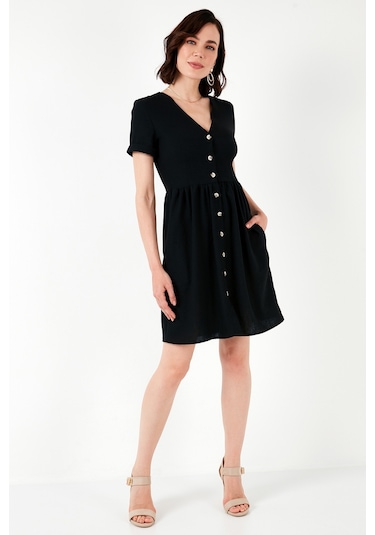 Lela Cepli Önü Düğmeli Kısa Kollu V Yaka Regular Fit Bayan Elbise 611El222 Siyah Lela Cepli Önü Düğmeli Kısa Kollu V Yaka Regular Fit Bayan Elbise 611El222 Siyah