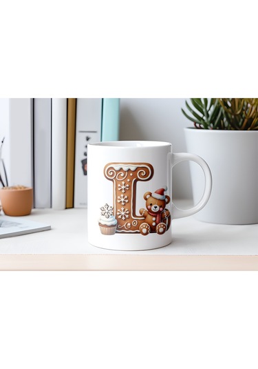 L Kurabiye Harf Ve Ayıcık Detaylı Kupa Bardak - Yeni Yıl / Yılbaşı Temalı Tasarım - Noel Hediye Beyaz