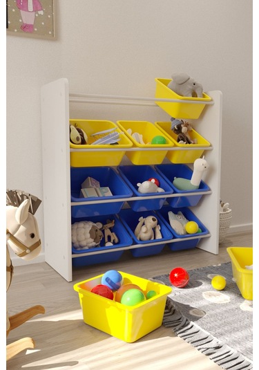 12 Sepetli Çok Amaçlı Oyuncak Dolabı Montessori Dolap Sarı-mavi Sarı-Mavi