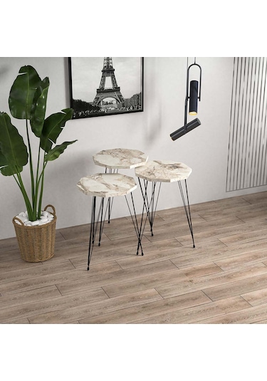 Egemodüler Çokgen Beyaz Mermer Desenli Siyah Metal Ayaklı Sehpa 3'lü