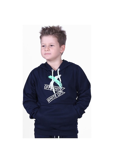 X Baskılı Kanguru Cepli Kapüşonlu Erkek Çocuk Lacivert Sweatshirt Lacivert