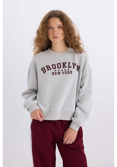 DeFacto Loose Fit Bisiklet Yaka Baskılı Kalın Kumaş Sweatshirt E3387AXNSGR42