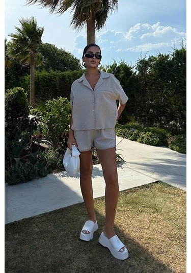 Kadın Taş Kruvaze Cotton Kısa Kol Dokuma İkili Takım Taş