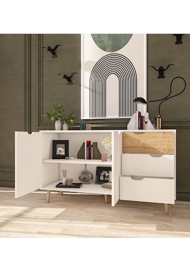 Defne Konsol 140 Cm 2 Kapak 3 Çekmece Konsol Safir Meşe - Beyaz
