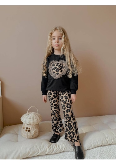 Kız Çocuk Kalp Modelli Tül Detaylı Leopar İspanyol Paça Taytlı Takım Siyah