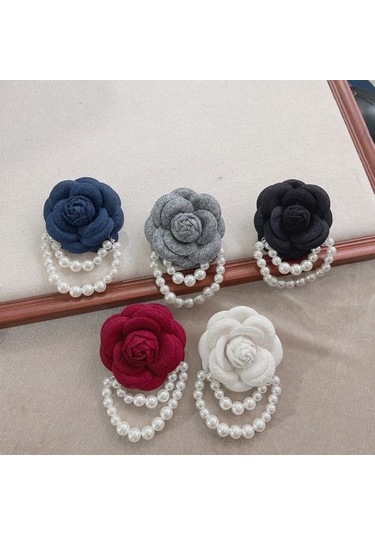 Gri Kumaş Gül Broş Zarif Vintage Çiçek Parlak Sahte İnci Zincir Şapka Şal Eşarp Çanta Elbise Yaka Kadın Kızlar Yaka Pin Moda Aksesuarları Gri