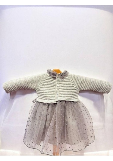 Cantoy Kız Bebek Triko Tüllü Şık Elbise-15380 Gri