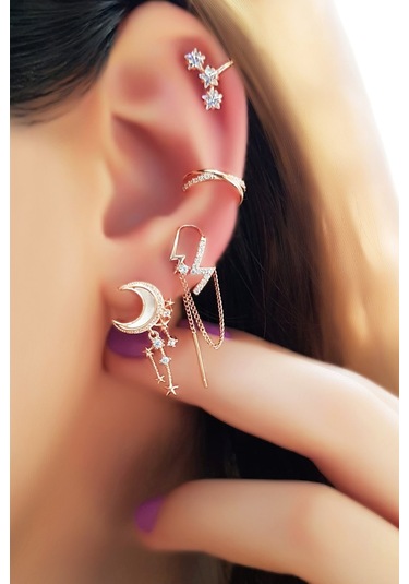 MorMajor Silver Tekli Ithal Sedefli Ay Uzun Figür Gümüş Küpe- Sol Taraf-5578