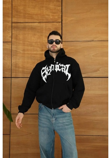 Erkek Kapüşonlu Sweatshirt Hoodie 3 İplik Şardonlu Pamuklu Kumaş, Önü Baskılı, Fermuarlı Rahat Kalı Siyah