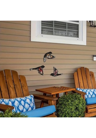 Cajuart Dekoratif Üçlü Siyah Çiçek Motifli Kuşlar Ahşap Duvar Dekoru Tablo Süs