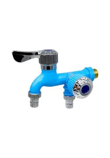 Xurunkeji 1/2 İnç Evrensel Arayüz Musluğu Çift Çıkışlı Çift Kontrol Su Musluğu Ev Banyo Hortumu Sulama Bağlantısı Mavi Mavi