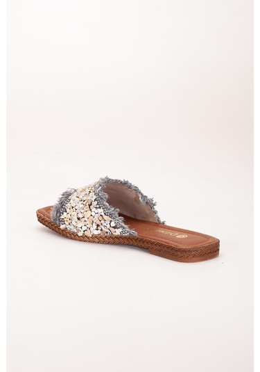 Kadın Düz Topuklu Terlik Gri Taşlı Püsküllü Kalın Tekbant-3924 Gri