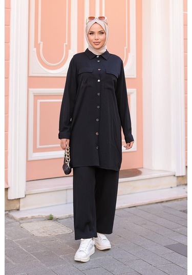 Cep Detaylı Tesettür Siyah Takım Siyah