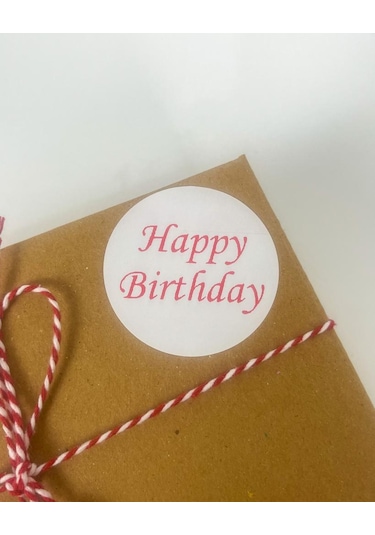 Happy Birthday Kırmızı ince el Yazılı 5 cm Yuvarlak Yapışkanlı Etiket 100 Adet